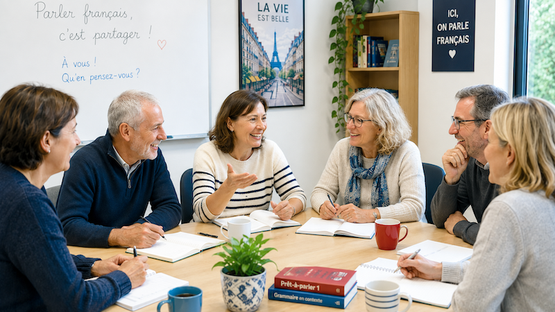 Adult students practising French conversation